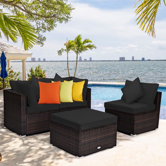Costway Ensemble de Meubles en Rotin pour Patio 4 Pcs Canapé Ottoman Coussin Jardin Terrasse Noir
