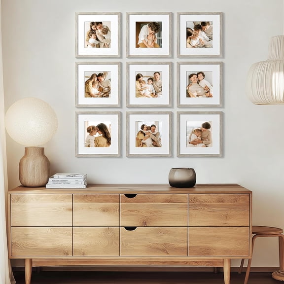 12x12 Picture Frames Set of 9 with Mat for 8x8 Photos or without Mat for 12x12, Square Gallery Wall Decor Collage for Picture Display, Beige Drift Wood Frame Set for Wall Hanging