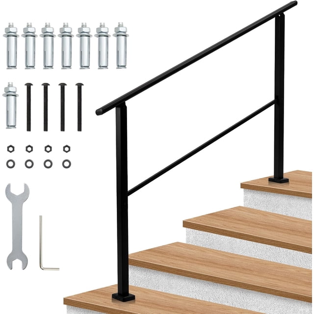 4-Step Outdoor Stair Handrail Matte Black Metal Railing Adjustable Height 0 -35 Fits Concrete and Wooden Steps Installation Kit Included