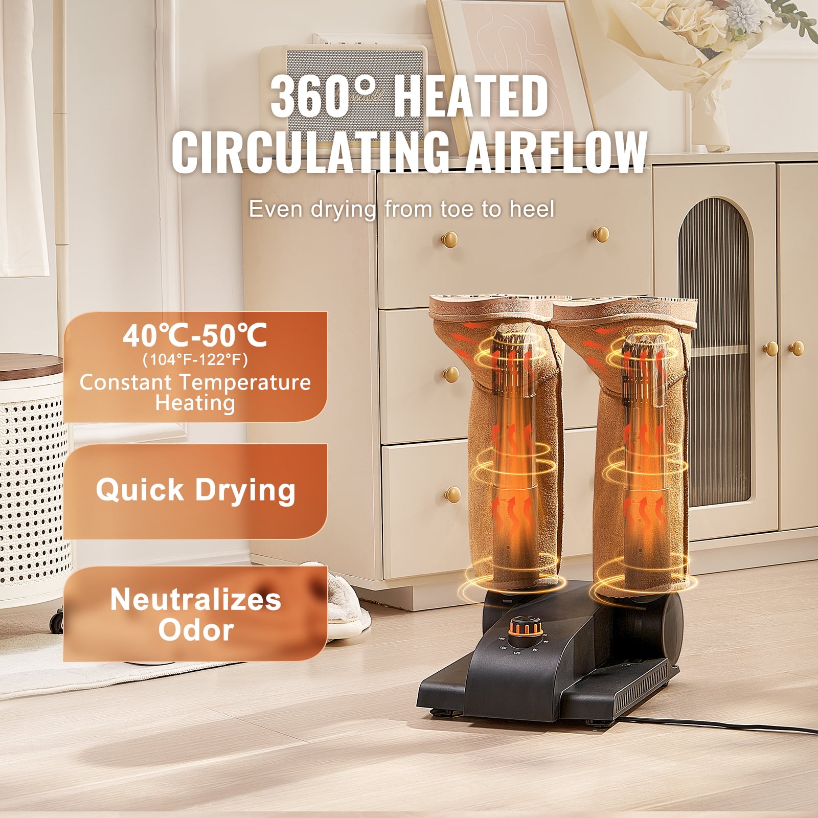 KFFKFF 180° Folding Dual-Tube Footwear Dryer, Compact Design with Timing Function, Equipped with Heating Blower & PP(V0 Flame Retardant) Material, Leather & Canvas Footwear, Socks - Black & Orange