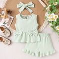 thumbnail image 2 of Yindaity Baby Girl Summer Clothes 18-24 Months Toddler Baby Girl Shorts Set Summer Clothes 3 Piece Outfit Cute Ruffle Tops ＋ Floral Shorts ＋ Bows Headband(Light Green,12-18 Months), 2 of 9