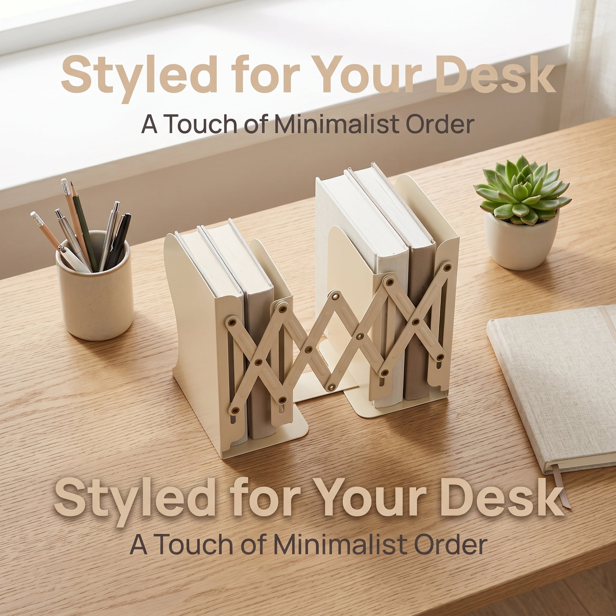 Unique Bargains Adjustable Metal Expandable Book End Holder beige 3.9" x 5.7" x 7.5"