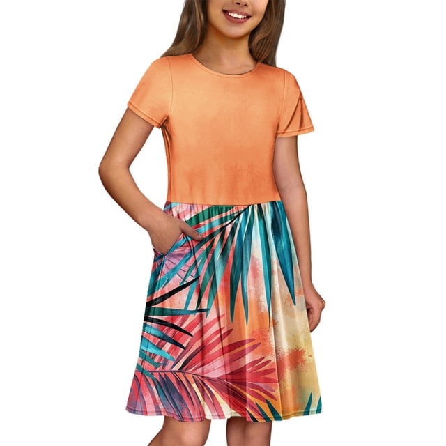MEZZALL Robe Décontractée à Manches Courtes et Col Rond Imprimé Floral Mignon pour Filles 7-8 Ans Tenue Tendance pour Enfants