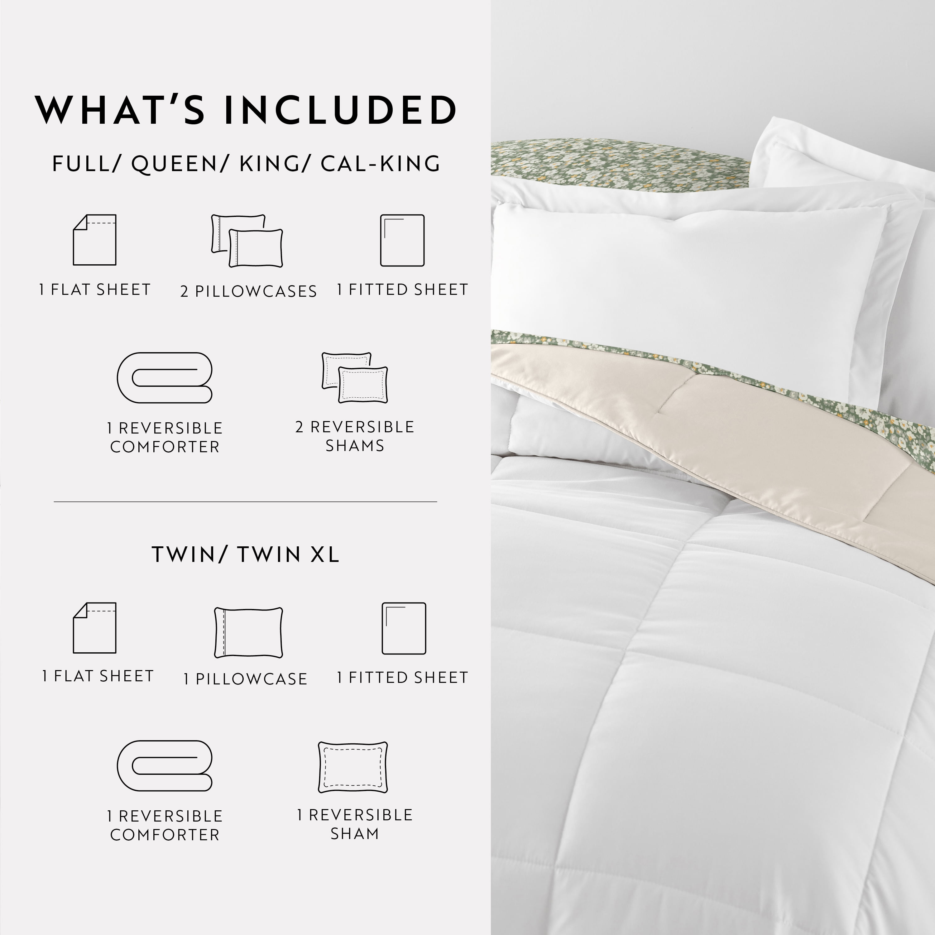 Noble Linens 7 Piece Bedding Bundle, Reversible Comforter and Patterned Sheet Set, Full