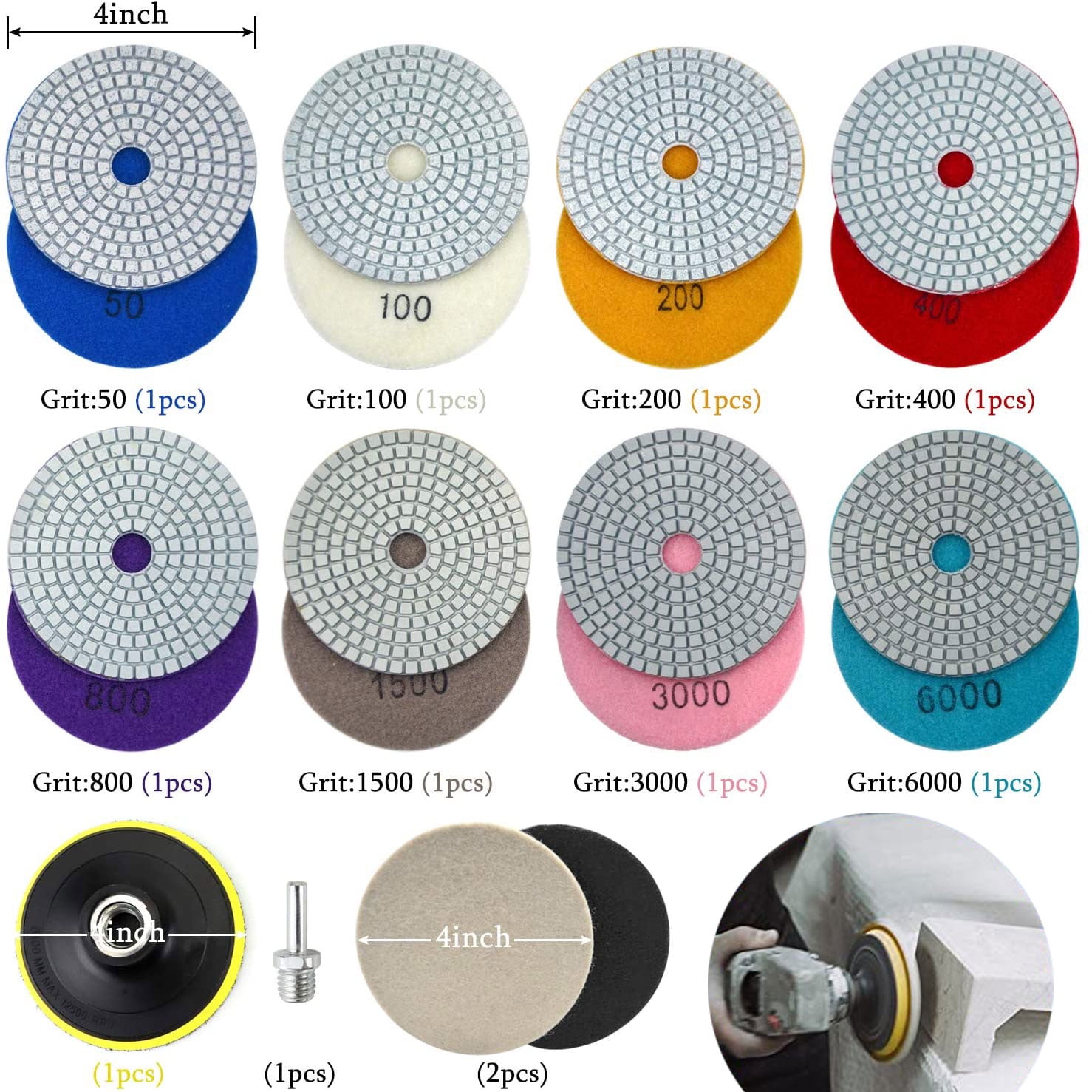 12PCS Diamond Polishing Pads 4 inch Wet/Dry Set With 5/8’’11 Backer