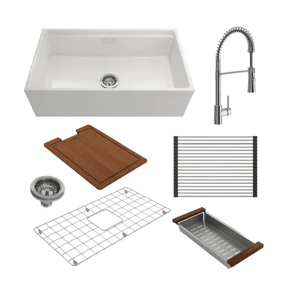 BOCCHI 1504-001-2020SS Apron Front Fireclay 33 Inch Single Bowl Kitchen Sink Kit