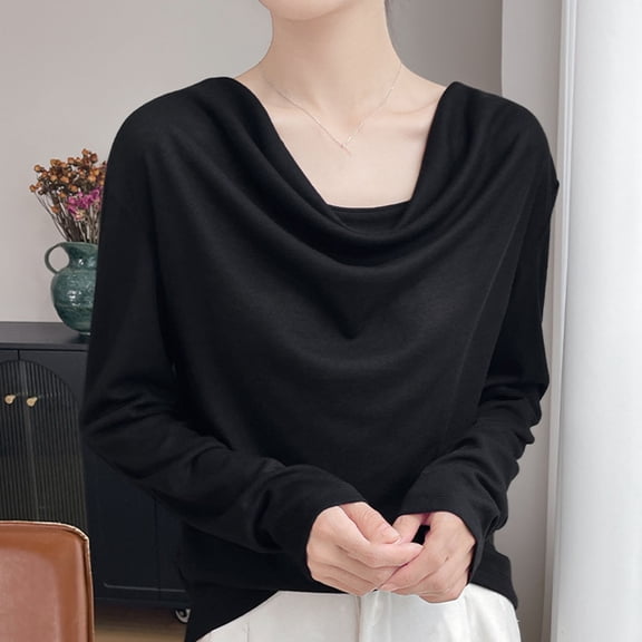 Roncen Women's Cowl Neck Long Sleeve Top, Solid Color Draped Basic Blouse, Stretchy Layering Essential