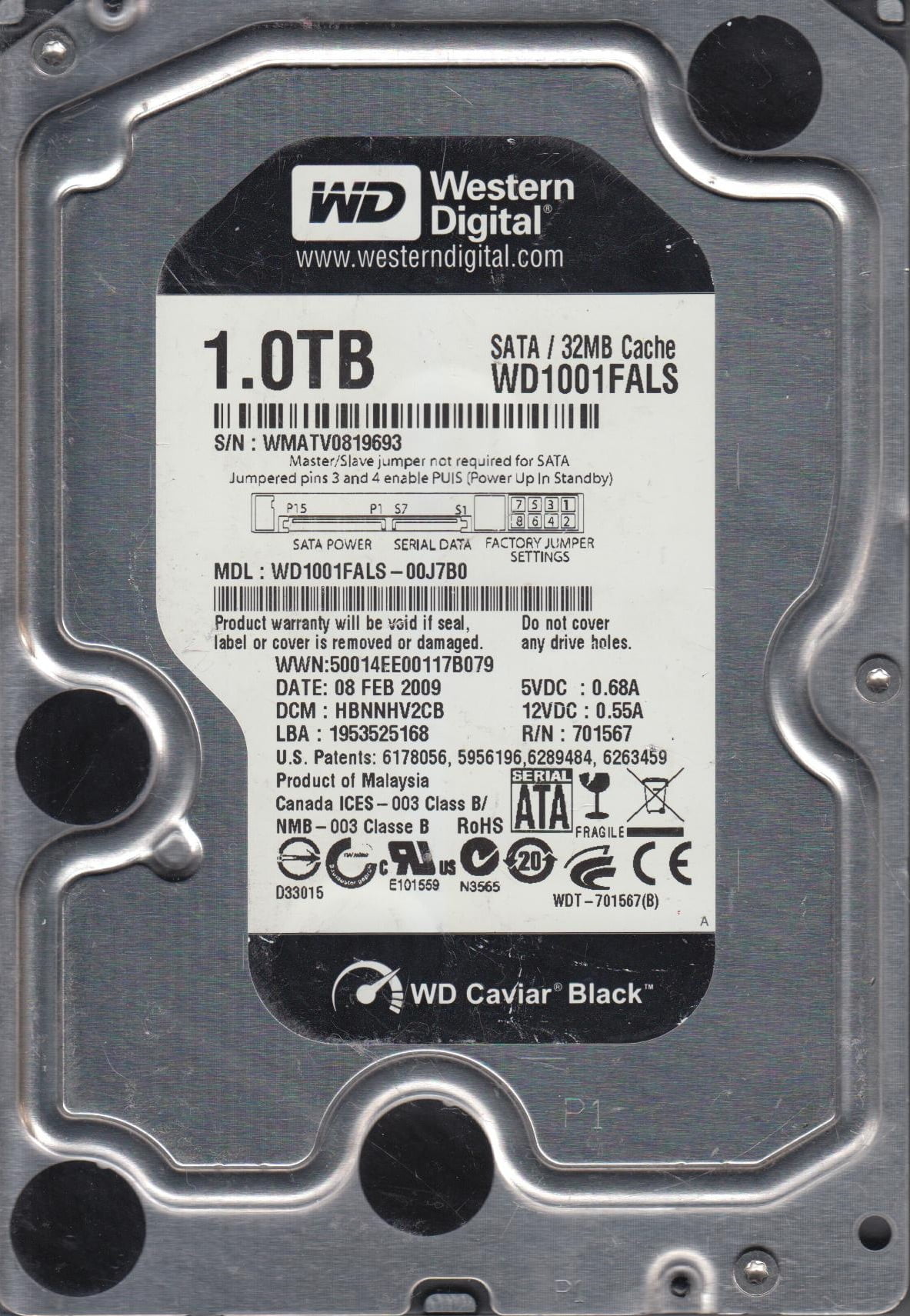 WD SATA 3.5 PCB 2061-701567-400 08P WD1001FALS-00J7B0