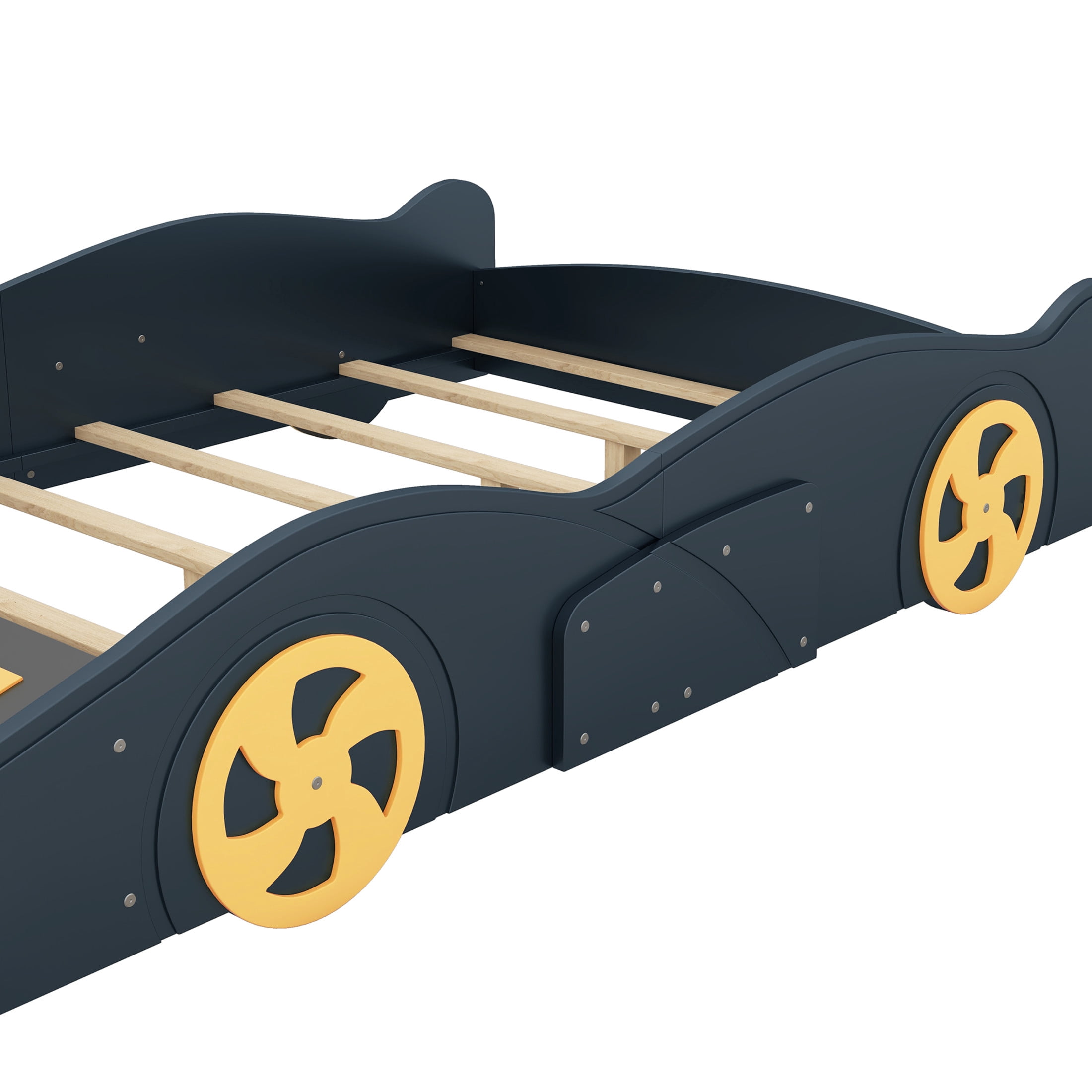 Noble House Full Size Race Car-Shaped Platform Bed with Front Storage, Pine Wood Frame, Dark Blue & Yellow