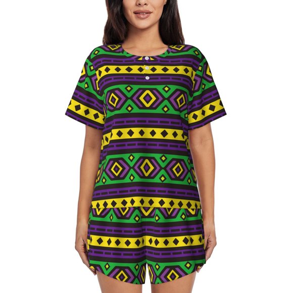 Saiise Carnival Mardi Gras Print Pajamas Sets for Women Short-Sleeved Pjs with Lounge Shorts Two Piece Sleepwear-X-Large