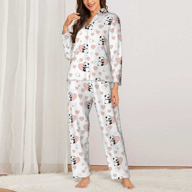 YIJIU Women's Summer Pajama Set – Cute Panda Print Top & Pants, Soft Polyester/Spandex (Grey, Large) 4 thumbnail image