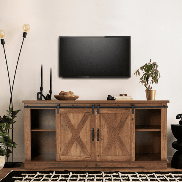 RYNSTO TV Stand Sliding Barn Door, 58" Wood Farmhouse Entertainment