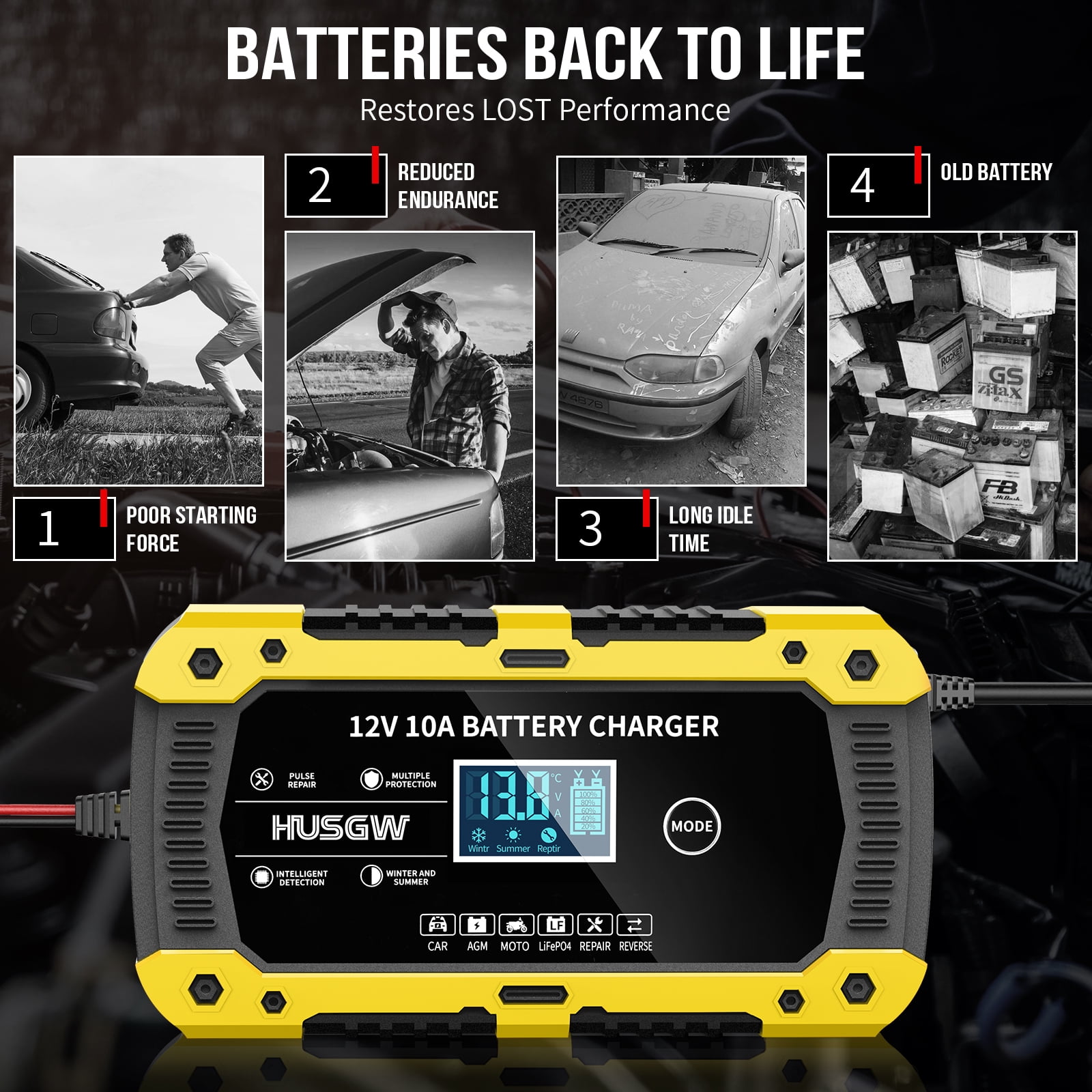 HUSGW Battery Charger 10-Amp 12V Fully-Automatic Smart Car Battery Charger, Battery Maintainer Trickle Charger, Compatible with Lead-Acid & LiFePO4  Iron Batteries，AGM, STD, Gel, Deep Cycle Batteries