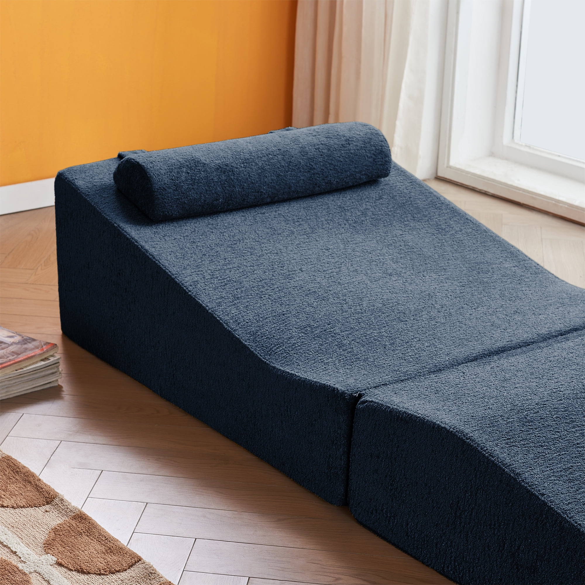 Foldable Tatami Lounger Sofa Bed, High-Density Sponge, Velvet Upholstery, Blue, 80.31 Inch Length, Portable Design, No Assembly Required for Living Room Bedroom Balcony Office