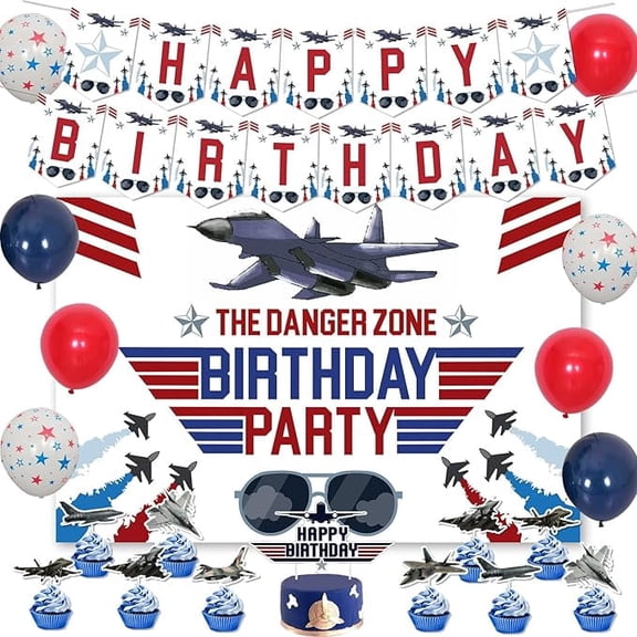 52Pcs Fighter Jet Birthday Party Decorations, Air Force Party Decor with the Danger Zone Backdrop Fighter Pilot Cake Toppers Banner Airforce Pentagram Balloons for Aircraft Airplane Party Supplies
