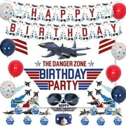 52Pcs Fighter Jet Birthday Party Decorations, Air Force Party Decor with the Danger Zone Backdrop Fighter Pilot Cake Toppers Banner Airforce Pentagram Balloons for Aircraft Airplane Party Supplies