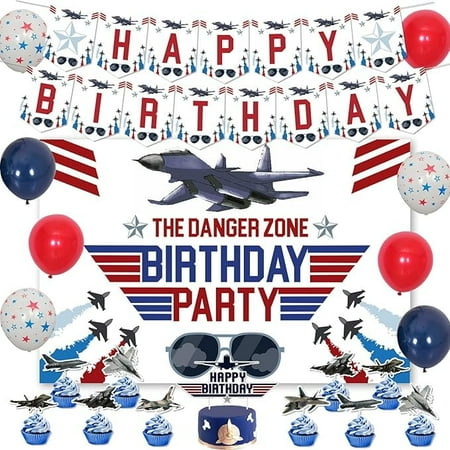 52Pcs Fighter Jet Birthday Party Decorations, Air Force Party Decor with the Danger Zone Backdrop Fighter Pilot Cake Toppers Banner Airforce Pentagram Balloons for Aircraft Airplane Party Supplies