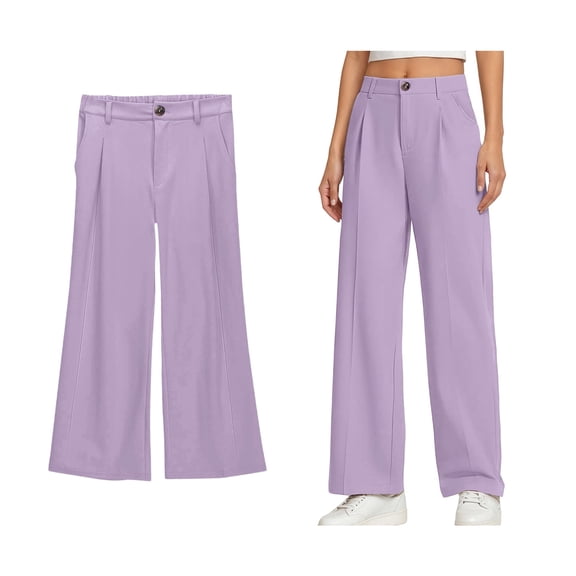 Kids Uniforms for Girls Dress Pants Adjustable Waist Straight Pants with Pockets Kids Purple Pants Back To School Slim Fit Uniform Dresses for Girls 6-7 Years