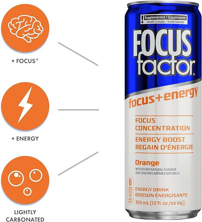 Focus Factor Energy Drink - 12 x 355ml Cans (Orange Flavor), Lightly Carbonated, Sugar Free