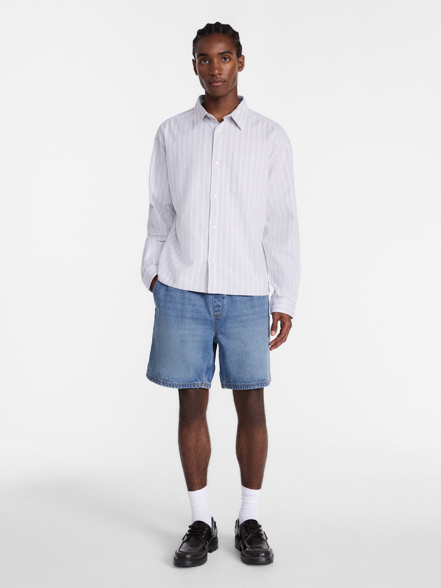 No Boundaries Boxy Cropped Fit Oxford Shirt with Long Sleeves, Men's XS-5XB