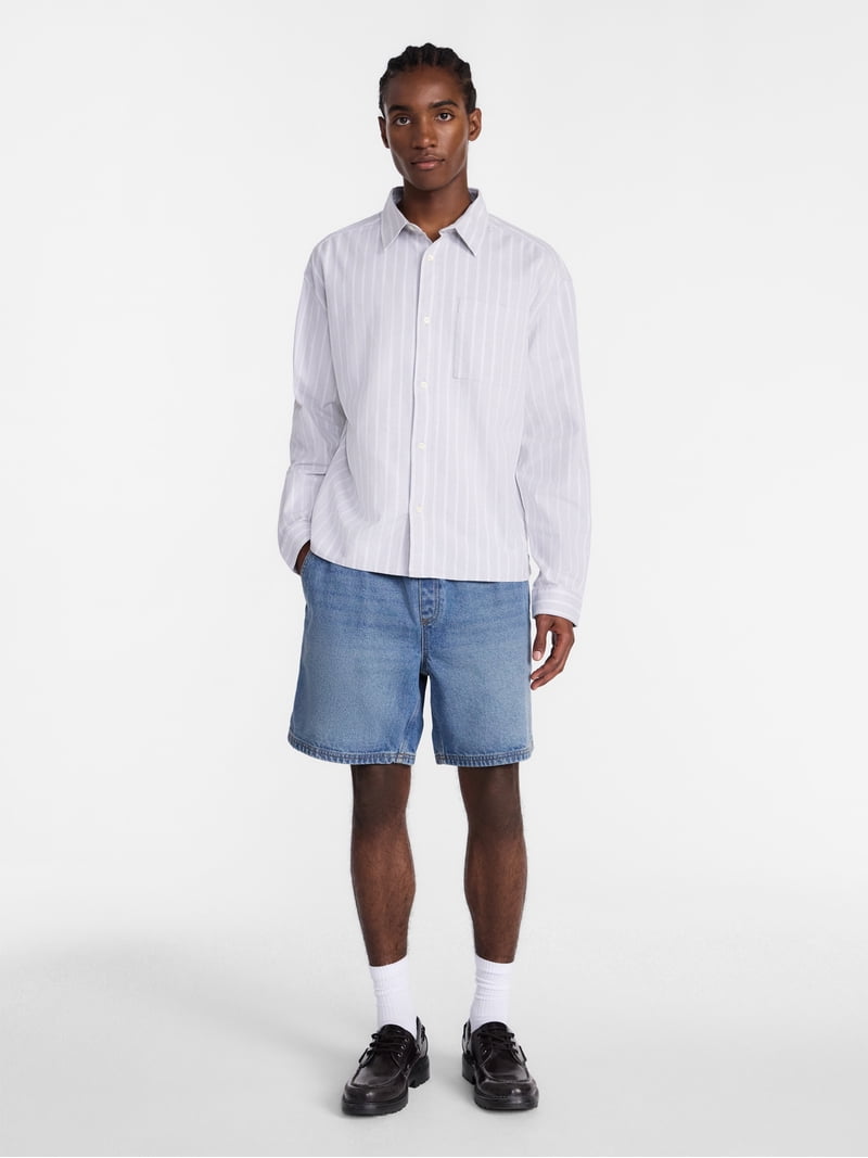 No Boundaries Boxy Cropped Fit Oxford Shirt with Long Sleeves