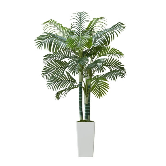 KFFKFF 6 ft Artificial Areca Palm Tree with White Planter, Faux Tropical Plant for Indoor and Outdoor Decor, Perfect for Home, Office, or Living Room