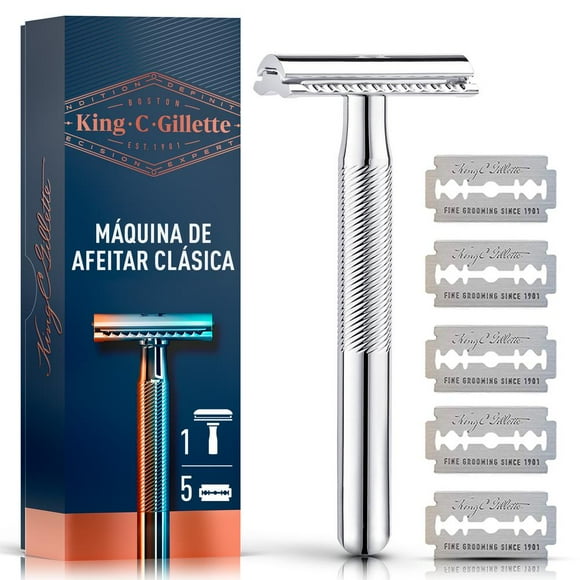 Rastrillo clásico + 5 cuchillas de afeitar barba Gillette King C. doble filo 6 pzas