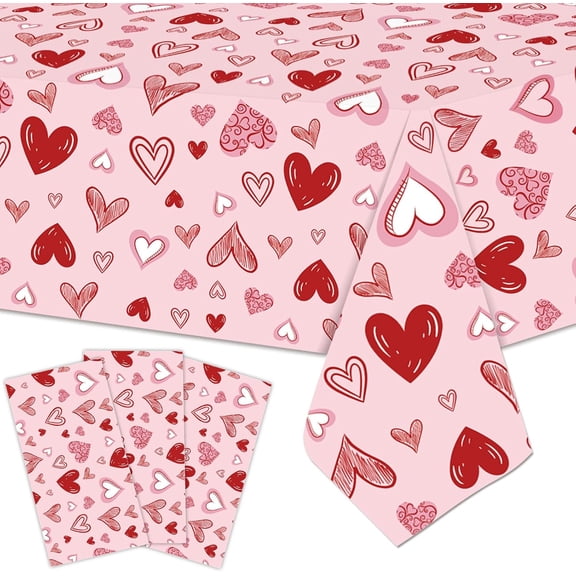 3 Pieces 54x108 Inch Valentine’s Day Heart Plastic Tablecloth, Disposable Rectangle Table Covers in Pink and Red with Heart Design for Romantic Dinners, Galentine’s Day, and Love-Themed Decorations