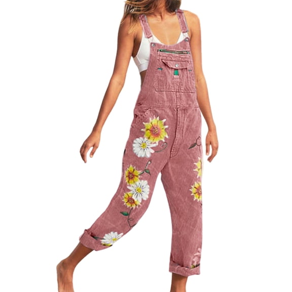 Women'S Flower Print Stretch Jeans Long Denim Bib Overalls Cute Denim Strap Jumpsuits Pink XL
