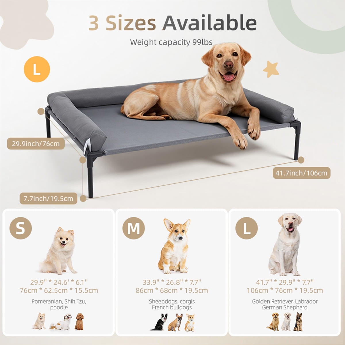 DOMIPET Cooling Elevated Dog Bed with Removable Waterproof Bolster Cushion Mat, Raised Pet Cot with Breathable Mesh, No-Slip Feet, Dog Couch Bed for Indoor Outdoor