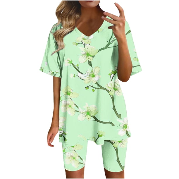 Blusas para las Mujeres Casual Impreso Cuello en V Manga Corta Blusa Pantalones Cortos, Conjuntos de Ropa para las Mujeres