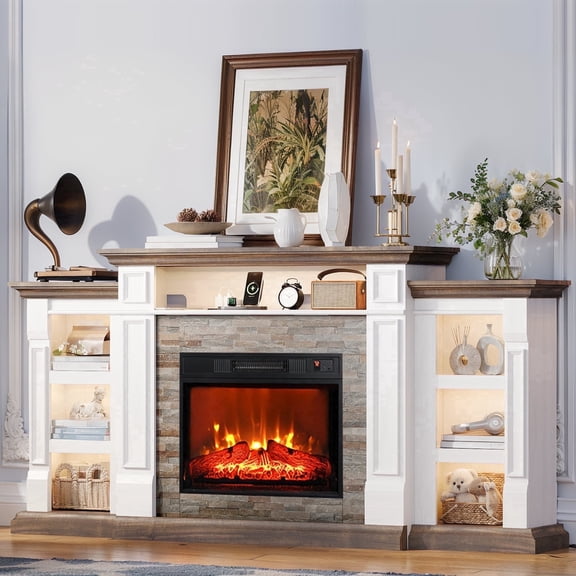 Holliwill 72" TV Stand for TVs up to 80" with Charging Station & LED Light, Electric Fireplace with Mantel, Entertainment Center with 23" Electric Heater, White Brown