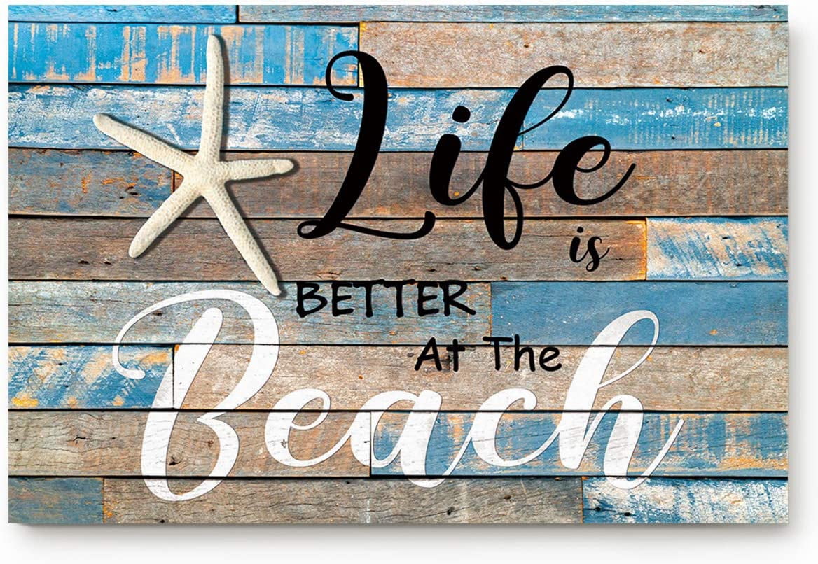 Door Mat 16x24 inch Welcome Mat Front Floor Mats, Non Slip Indoor Carpet/Absorbent Outdoor Shoes Scraper, Life is Better at The Beach Starfish Retro Wood Board Low-Profile Rugs Doormats for Entryway