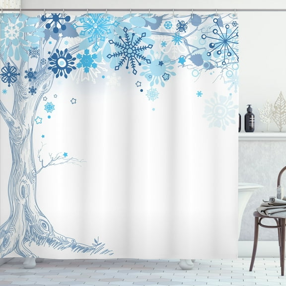 Ambesonne Winter Shower Curtain, Abstract Tree Snowflakes, 69"Wx75"L, Blue Grey White