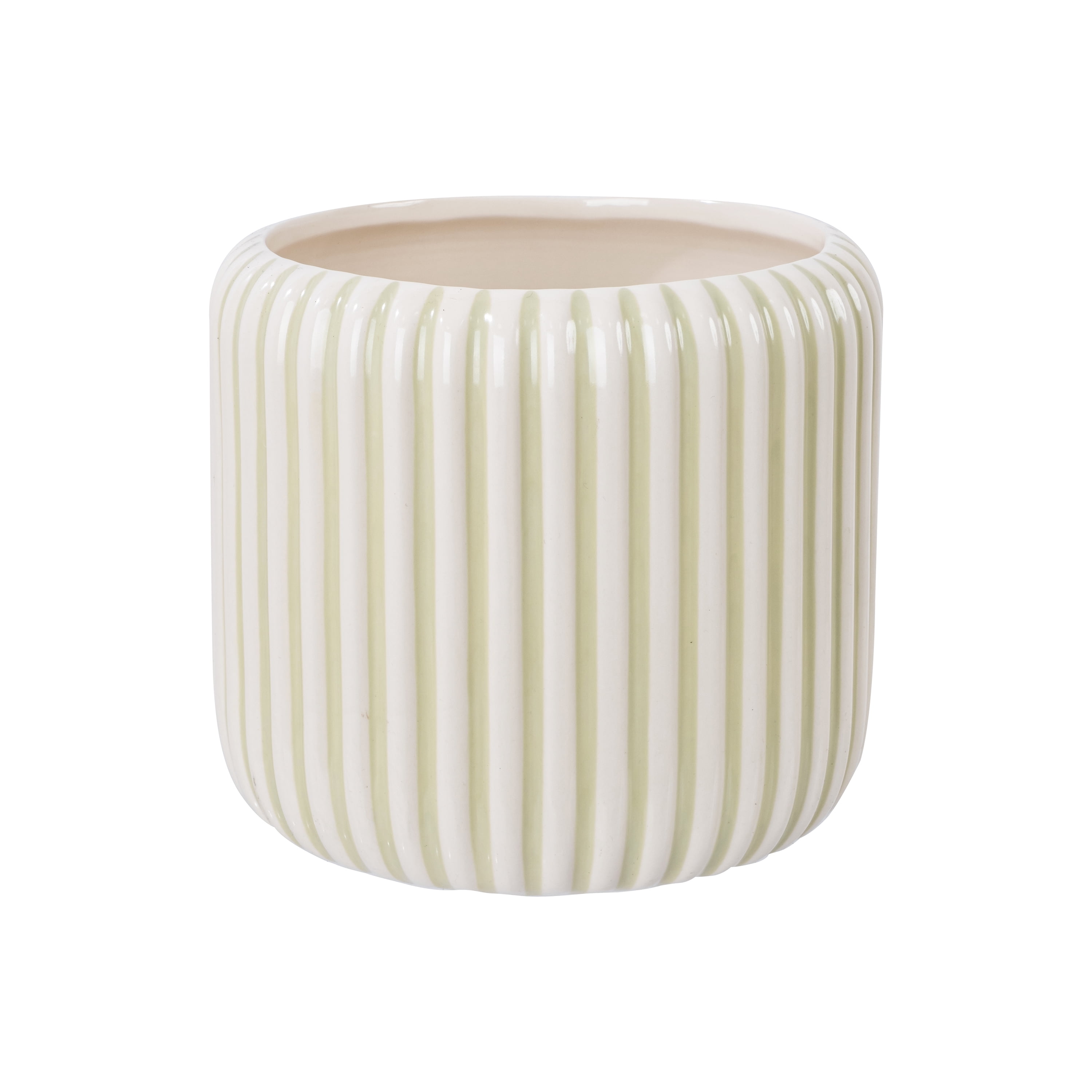 Beautiful 8" Soft Sage Stripe Ceramic Planter by Drew Barrymore