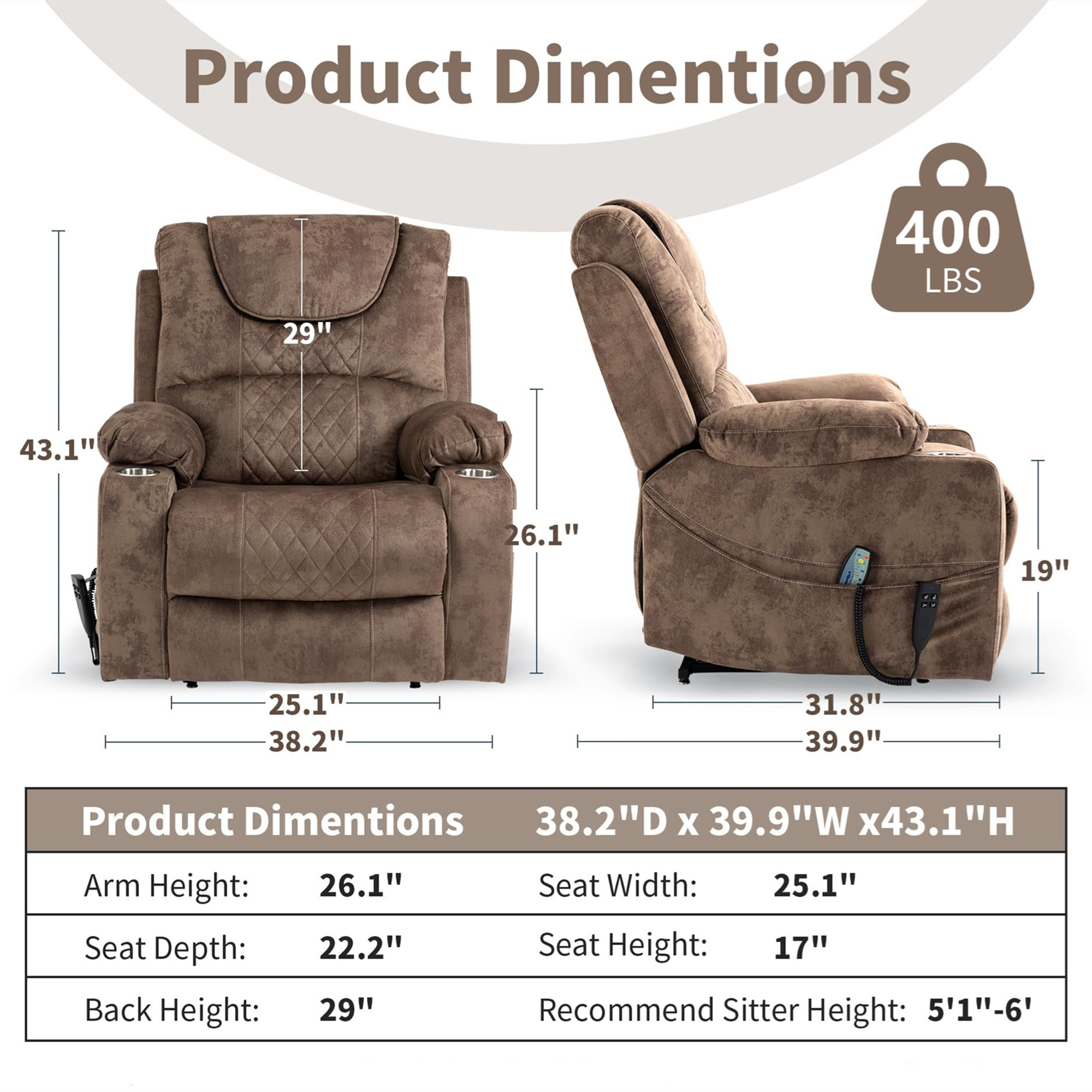 Aukfa Dual OKIN Motor Power Lift Recliner Chair for Elderly, 180° Lay Flat Electric Recliner with Massage & Heat, USB Ports, Velvet, Brown