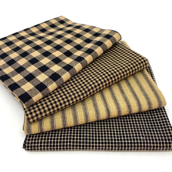 Primitive Black Assorted Homespun Plaid Gingham Homespun Cotton Fabric Bundle - Set of 4 Fat Quarters by JCS