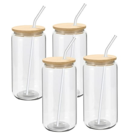 

4 Pack Beer Can Glass with Bamboo Lids and Glass Straws 16oz Beer Can Shaped Drinking Glasses Cups Beverage Glass