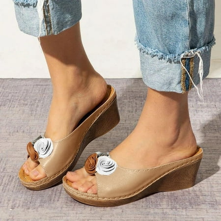

Aoujea Comfortable Sandals for Women Casual Beach Casual Flower Slippers Fish Mouth Shoes Thick Sole Sloping Heel Khaki 8.5