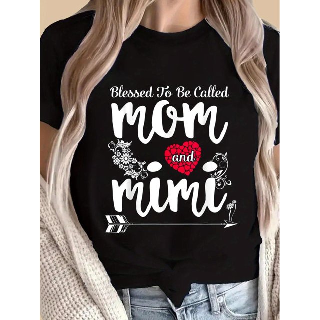 Blessed to Be Called Mom and Mimi - Women's Casual Graphic T-Shirt, Short Sleeve Top with Heart & Floral Design, Perfect Mother's Day Gift for Spring & Summer, Everyday Tshirt | Relaxed Fit Tee | Glo