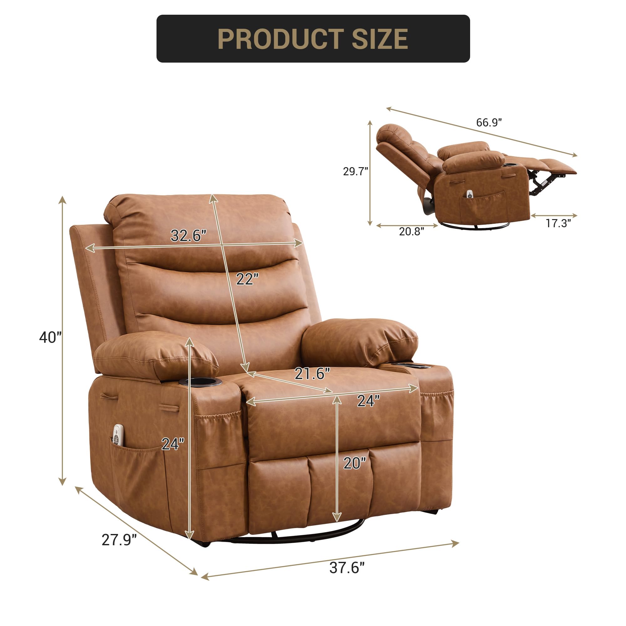 Recliner Chair Nursery, Oversized Manual Reclining Rocking Chair, 360 Swivel Glider with Cup Holder, Massage and Heat Recliner, Indoor Small Single Sofa Chairs for Adults RV Bedroom, Beige/Grey/Brown