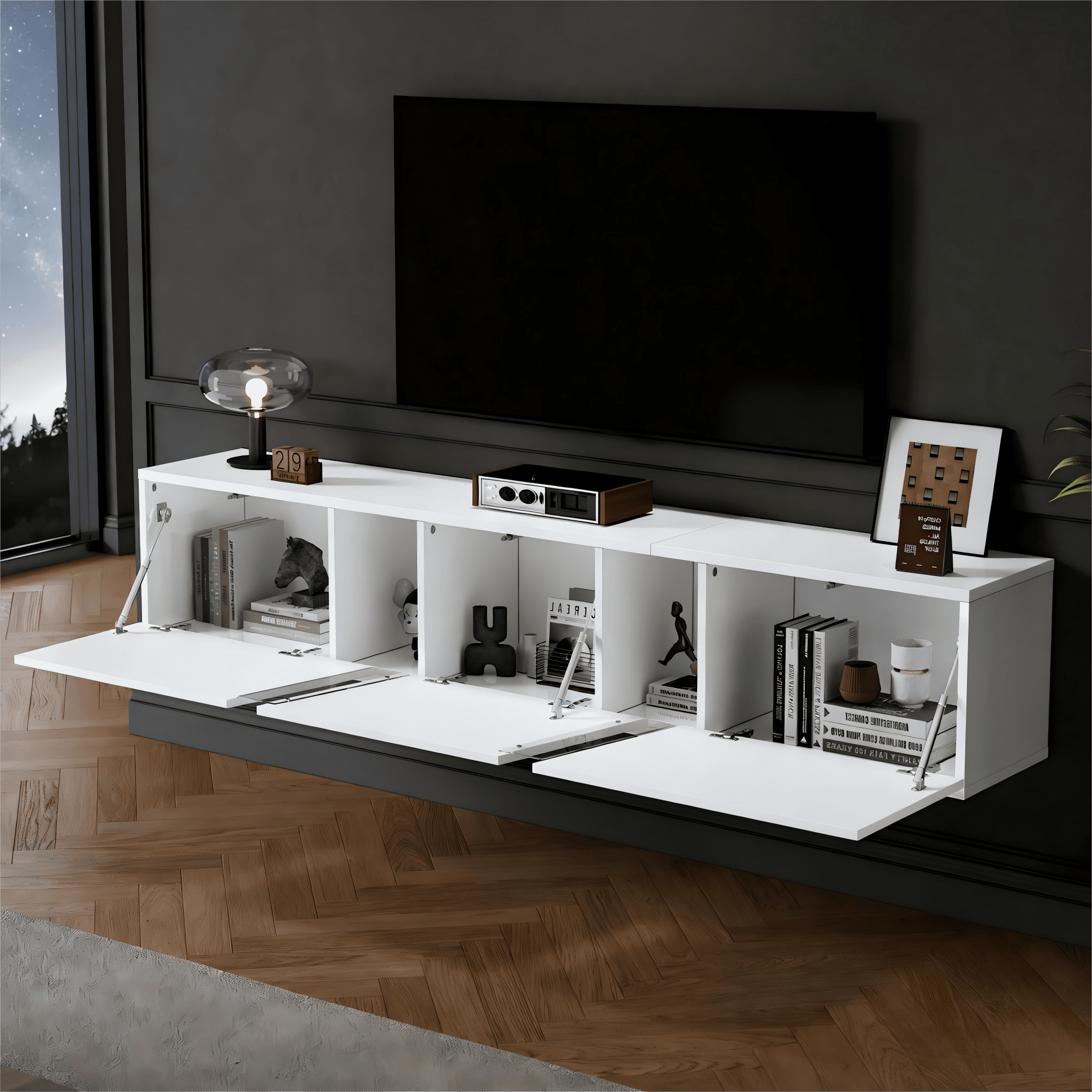 Noble House 64.9" Wall-Mounted Lowboard TV Cabinet,LED Lights with 3 Cabinet Doors for 65" TV,White