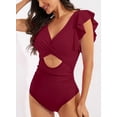 thumbnail image 4 of Cadmus Womens V Neck Ruffled One Piece Swimsuit Tummy Control Cutout Bathing Suits,2390, Red，Medium, 4 of 4