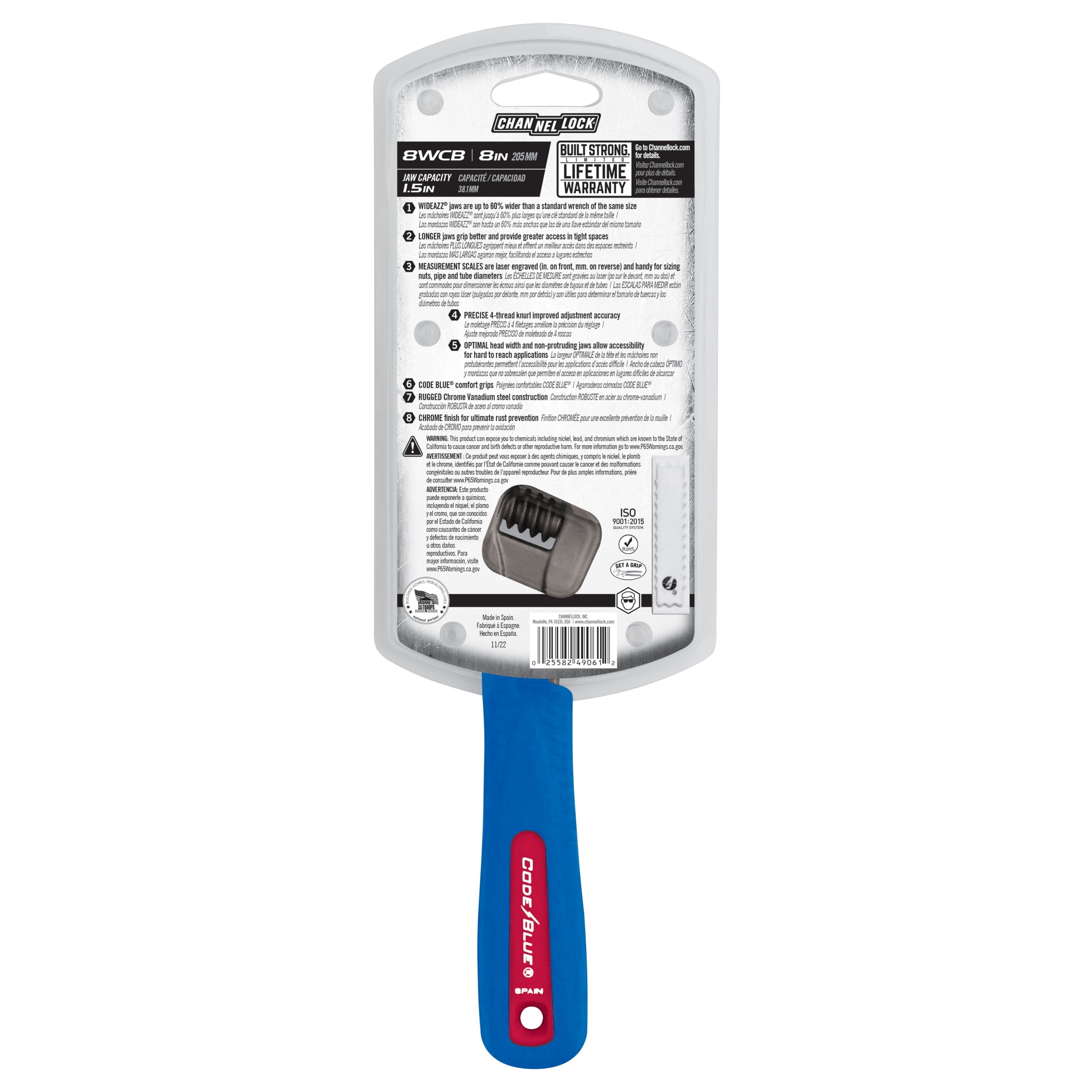 CHANNELLOCK 8-inch CODE BLUE WideAzz Adjustable Wrench, Precise 1.5-inch Wide Mouth Jaw Capacity (8WCB)
