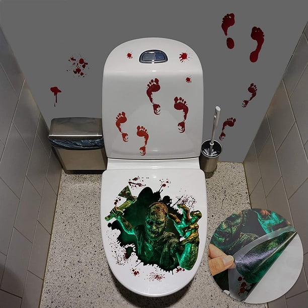 Juego de 2 pegatinas de pared de Halloween 3D horribles pegatinas de pared DIY aterradoras decoración del hogar baño gritando criaturas oscuras sangrientas decoración de fiesta de Halloween cartel (hacha zombie) ER