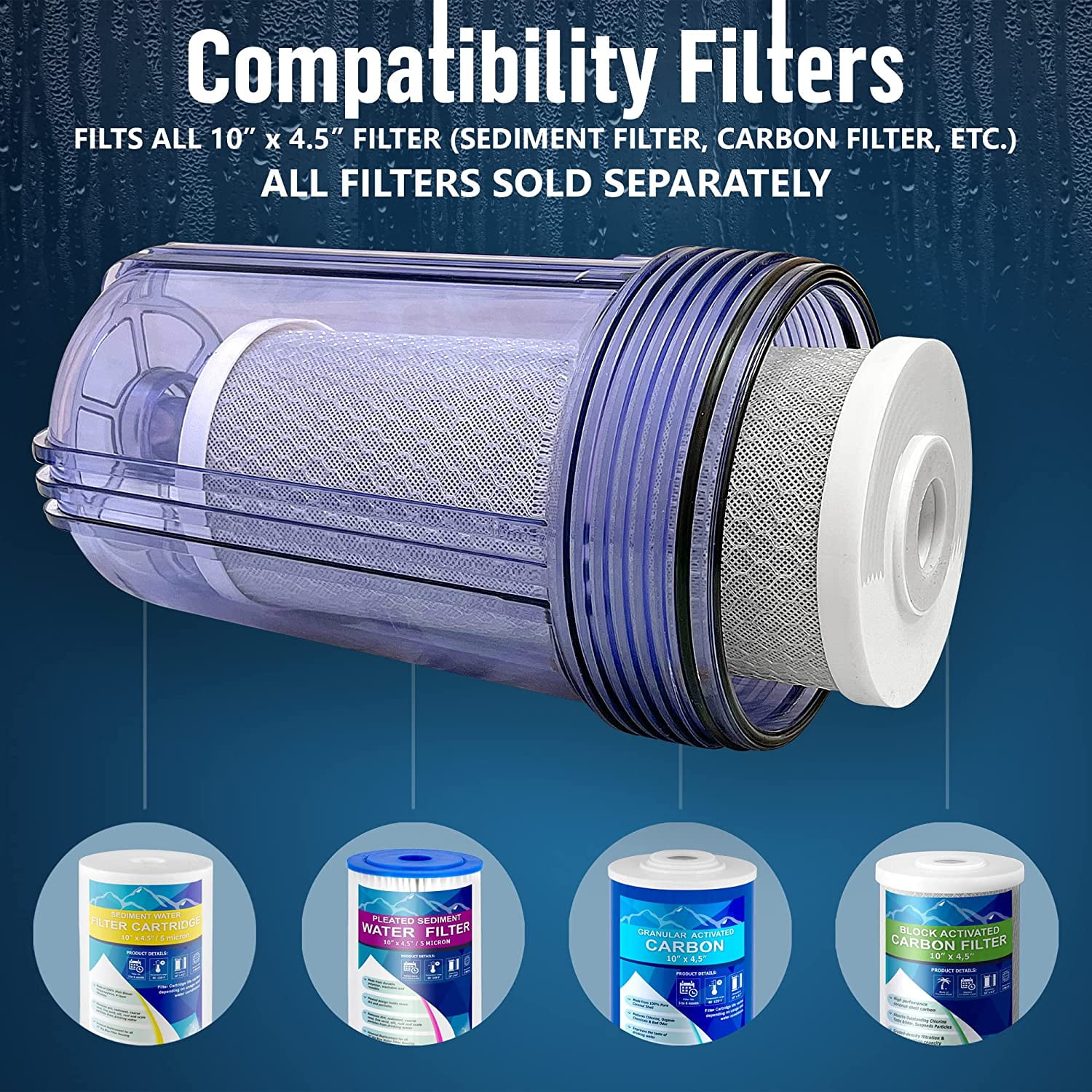 High Capacity 10 x 4.5 Whole House Filter Purifier System for Well or City Water, Presser Relief Button, 1 NPT Brass Port, Double O-ring, Meets NSF Standards & Regulations (Transparent, 4 Sets)