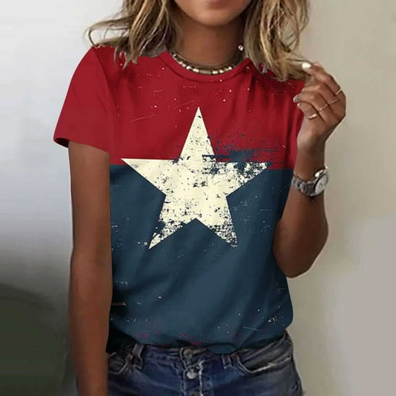 Inverlee 4th of July Shirts for Women Plus Size American Flag Print Patriotic Tshirts Cute Short Sleeve Tees Breathable Round Neck Blouses Tops