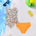 thumbnail image 2 of FINALGANG Girls 2 Piece Swimsuit Set Kids Polka Dot Print Spaghetti Strap Ruched Side Drawstring Top Solid Color Swim Briefs For Beach Vacation Orange 13-14 Years, 2 of 4