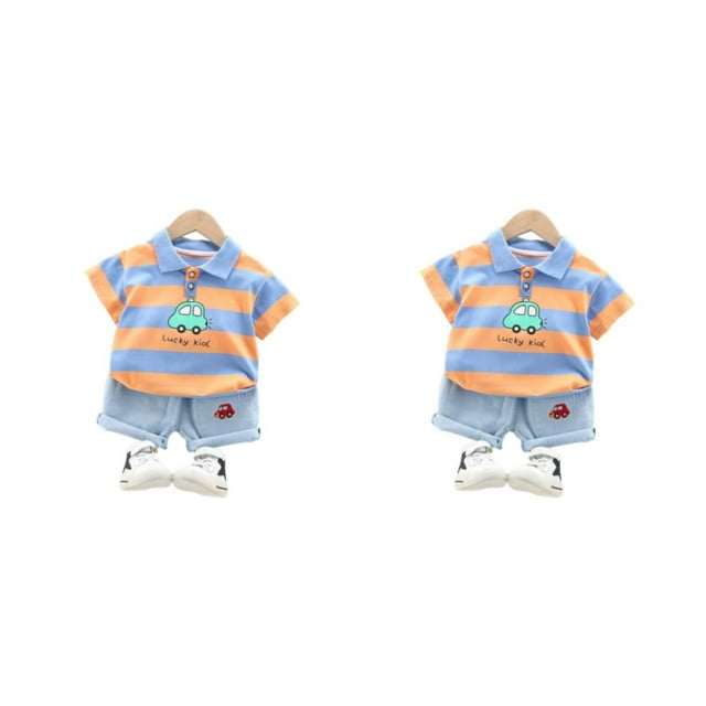 Sonducket Conjunto de pantalón y camisa con estampado de rayas para niños, conjunto de pantalones cortos para niños y niñas, para viajar, Naranja 100cm 2piezas