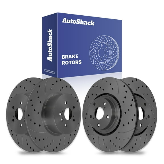 AutoShack Front & Rear Drilled & Slotted Brake Rotors | Replacement for 2008-2013 Toyota Highlander 2.7L 3.3L 3.5L V6 AWD FWD | Black Matte Finish | 4-PC Set | BlackShield